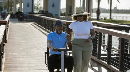 An elderly man on a mobility scooter reads something on his phone while a woman in a hat walks beside him on a boardwalk with palm trees in the background.