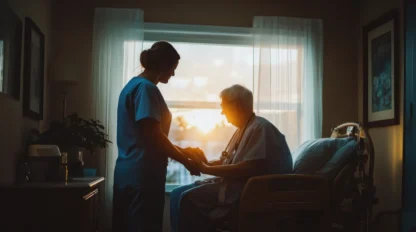 A nurse stands beside an elderly patient sitting on a hospital bed in a softly lit room, with sunlight coming through the window behind them.