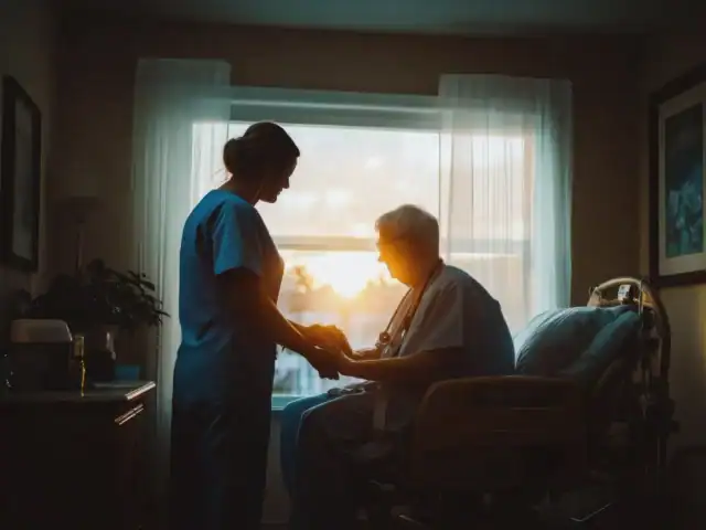 A nurse stands beside an elderly patient sitting on a hospital bed in a softly lit room, with sunlight coming through the window behind them.