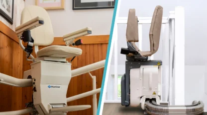 Two different stair lift chairs are shown; one is installed on a carpeted staircase with wooden paneling, the other is on a curved track over wooden flooring in a modern setting.