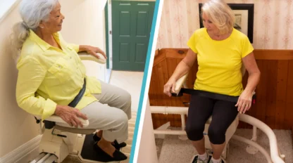 Two older women sit on stairlifts in different homes, each wearing a yellow top and secured with seat belts as they use the stairlift to go up or down stairs.