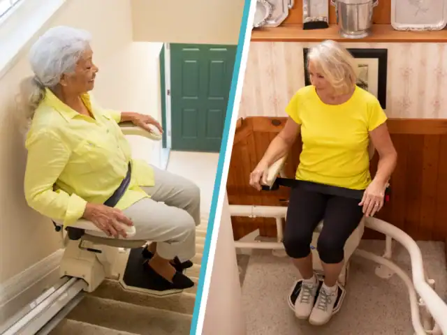 Two older women sit on stairlifts in different homes, each wearing a yellow top and secured with seat belts as they use the stairlift to go up or down stairs.