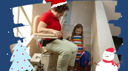 An older woman uses a stairlift while a young girl with a backpack stands nearby; Christmas-themed graphics decorate the image border.