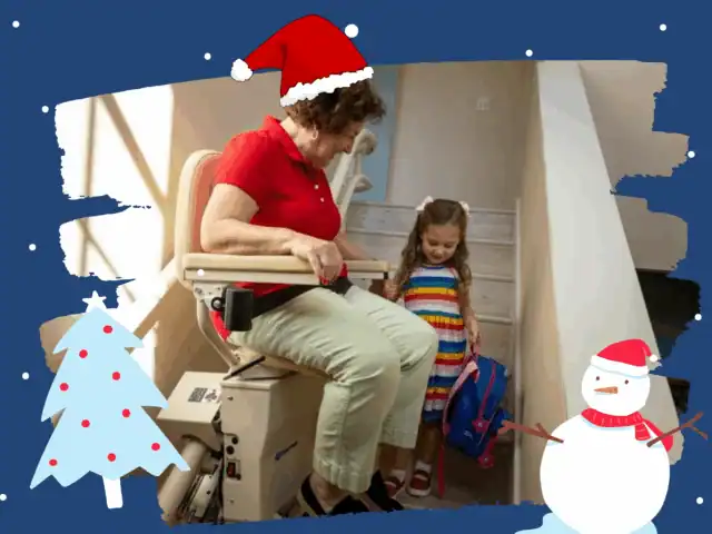 An older woman uses a stairlift while a young girl with a backpack stands nearby; Christmas-themed graphics decorate the image border.