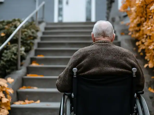 An older adult in a wheelchair faces a staircase outdoors, surrounded by autumn leaves and holding onto the wheelchair's armrests.