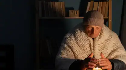 An older person in a knit hat and shawl sits at a table, warming their hands over a lit candle, with bookshelves in the background.