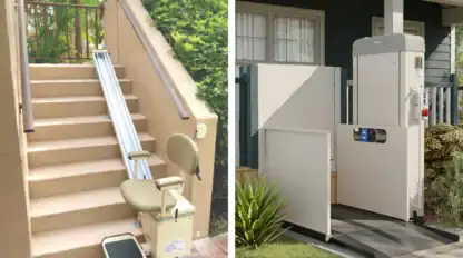 Side-by-side images show an outdoor stair lift on steps and a vertical platform lift on a porch, both designed for improved accessibility.