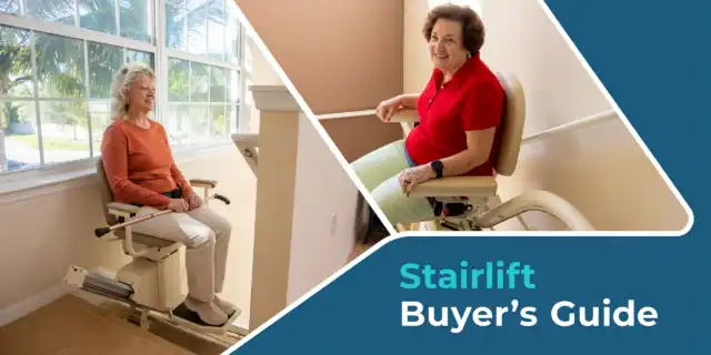 Two women sit on stairlifts in separate home settings. Text on the image reads “Stairlift Buyer’s Guide.”.